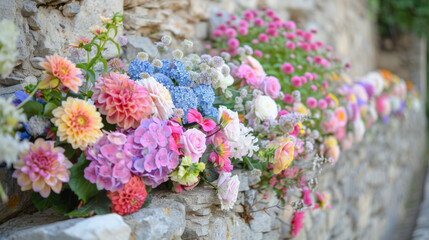 Summer floral bouquet lined up on stone wall