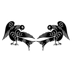 Symmetrical animal design with two stylized birds. Old Russian folk style. Black and white silhouette.