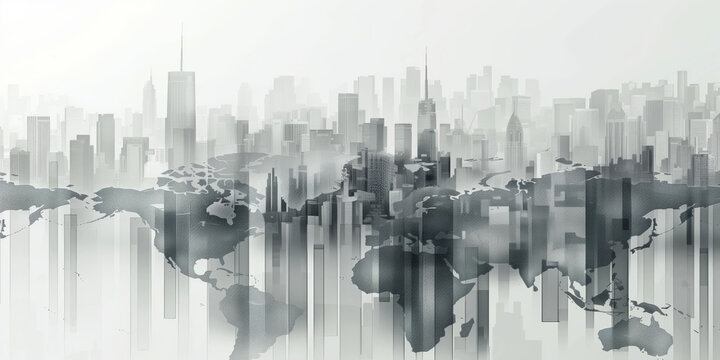 World map with faded city skyline in background a symbol of global urbanization and interconnection concept