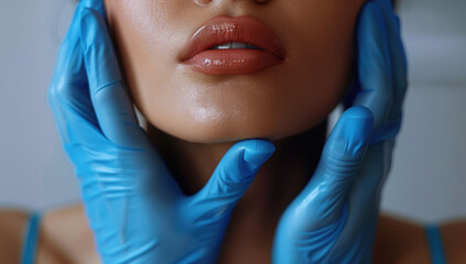 Close up of a beautiful woman neck with blue medical gloves on a white background in a clinic setting, with a doctor doing a workshop for a skin toned woman.