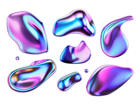 Metallic neon fluid shapes Isolated on transparent background, png