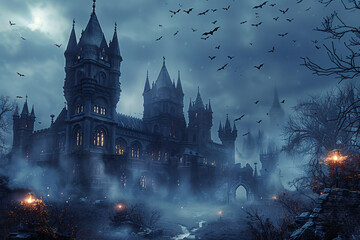 Spooky old gothic castle, foggy night, haunted mansion
