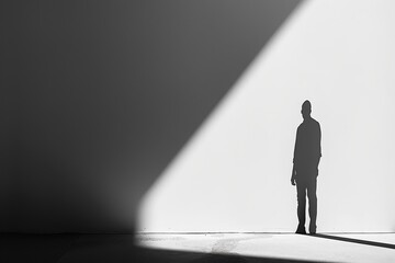 Man's silhouette cast on a textured wall with shadows of branches, concept of solitude, contemplation, and mystery