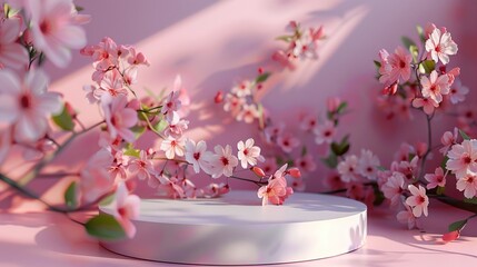 Spring flower beauty display  3d podium stand mockup in pink with floral design on white background