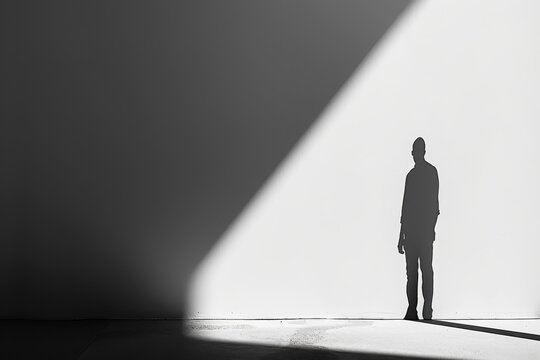 Man's silhouette cast on a textured wall with shadows of branches, concept of solitude, contemplation, and mystery