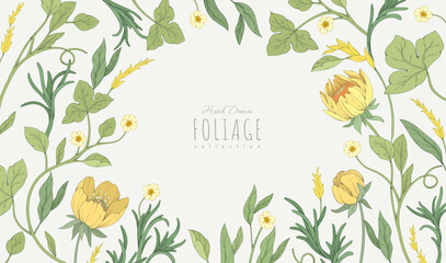 Retro colorful floral art with detailed various flowers and foliage, intricate details and delicate forms. Elegant botanical background or invitation card. Hand drawn vector illustration © merfin