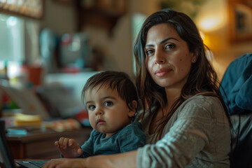 Latina Woman Professional Mom Multitasking with Baby Toddler Child on Lap while Working from Home with Flexible Schedule