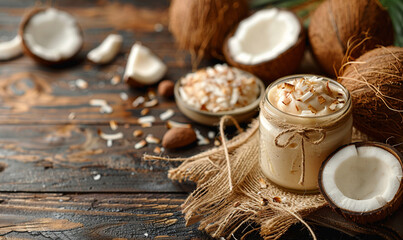 Coconut butter in glass jar on wooden table, closeup