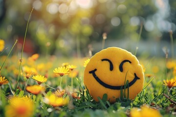 Smiley face plush in sunny flower field