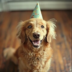 Golden retriever wearing party hat indoors
