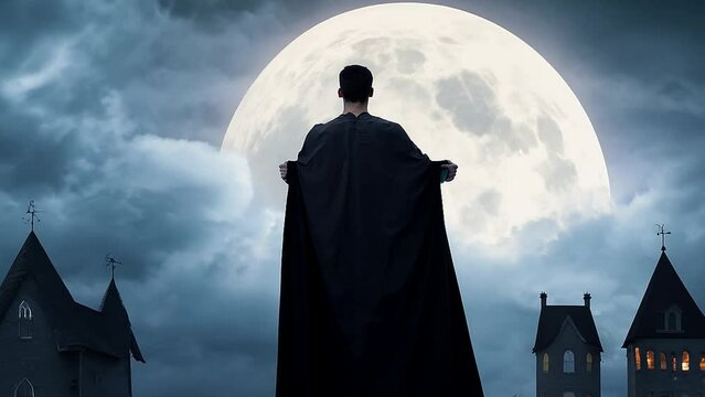 A man in a black robe walks towards two old, dark houses at dusk