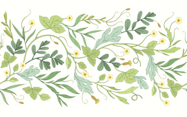 Retro colorful seamless horizontal border with detailed various foliage, intricate details and delicate forms. Elegant botanical rustic design elements. Hand drawn vintage vector illustration