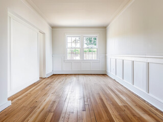 Obraz premium A large, empty room with white walls and wooden floors. The room is very clean and has a minimalist feel to it