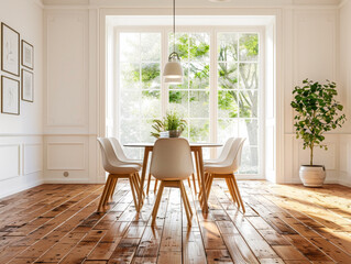 A large open room with a wooden floor and a white table with four white chairs around it. A potted plant is on the table. The room has a clean and simple design, giving off a calm