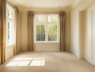 Obraz premium A large room with a tan curtain and white blinds. The room is empty and has a clean, minimalist look