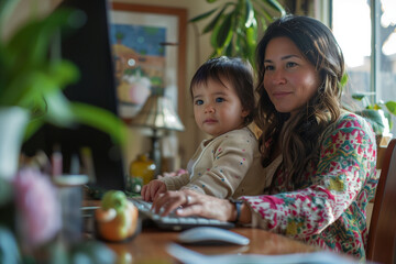 Latina Woman Professional Mom Multitasking with Baby Toddler Child on Lap while Working from Home with Flexible Schedule