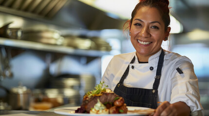 A female chef in a white uniform and apron presents a gourmet meal on a plate in a restaurant kitchen - Powered by Adobe