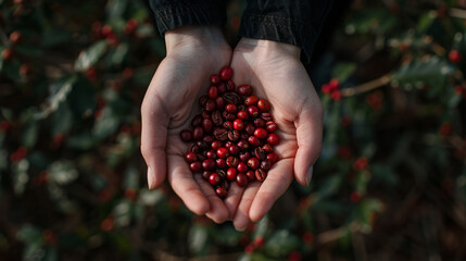 Closeup of a woman's hands holding red berries of coffee tree