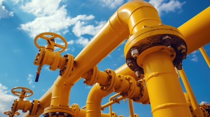 Yellow gas pipeline and valves against blue sky. Modern oil and gas industrial technology. Industry infrastructure