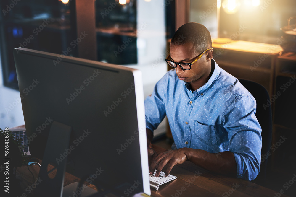 Aufkleber Office, computer and business black man for research, website programming and reading news at night. Startup, developer and worker online for software update, networking and working on web design