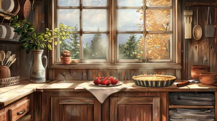An illustration of a rustic kitchen with a pie cooling on the windowsill