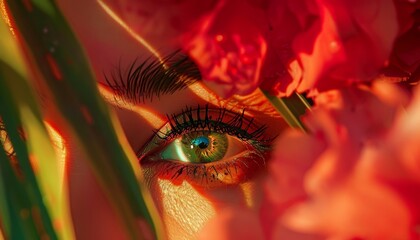 Intense green eyed gaze, spanish woman s seductive stare among red fans, summer romance aesthetics