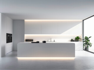 A kitchen with white cabinets and a white countertop. The countertop has a potted plant on it