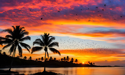 Tropical Sunset Over Palm Trees With Birds Flying