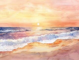 A calm beach at sunset with gentle waves lapping the shore, the sky painted in warm tones of orange, pink, and gold, creating a serene and soothing scene