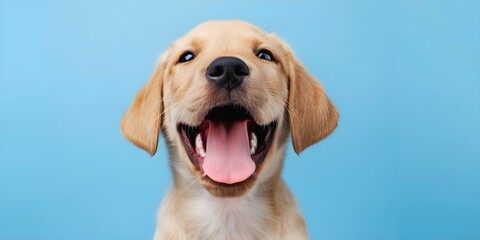 Hungry and cute puppy sticking out tongue playfully on blue background. Concept Puppy Portraits, Playful Pets, Blue Background, Adorable Expressions
