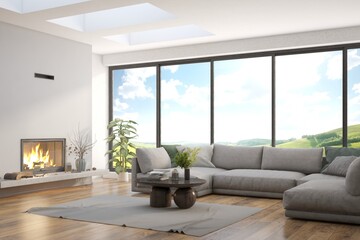 White living room with sofa and summer landscape in window. Scandinavian interior design. 3D illustration
