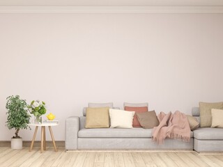 White living room with sofa. Scandinavian interior design. 3D illustration