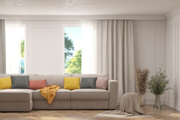 White living room with sofa and summer landscape in window. Scandinavian interior design. 3D illustration