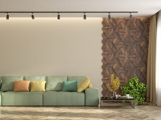 Modern living room with sofa. Scandinavian interior design. 3D illustration