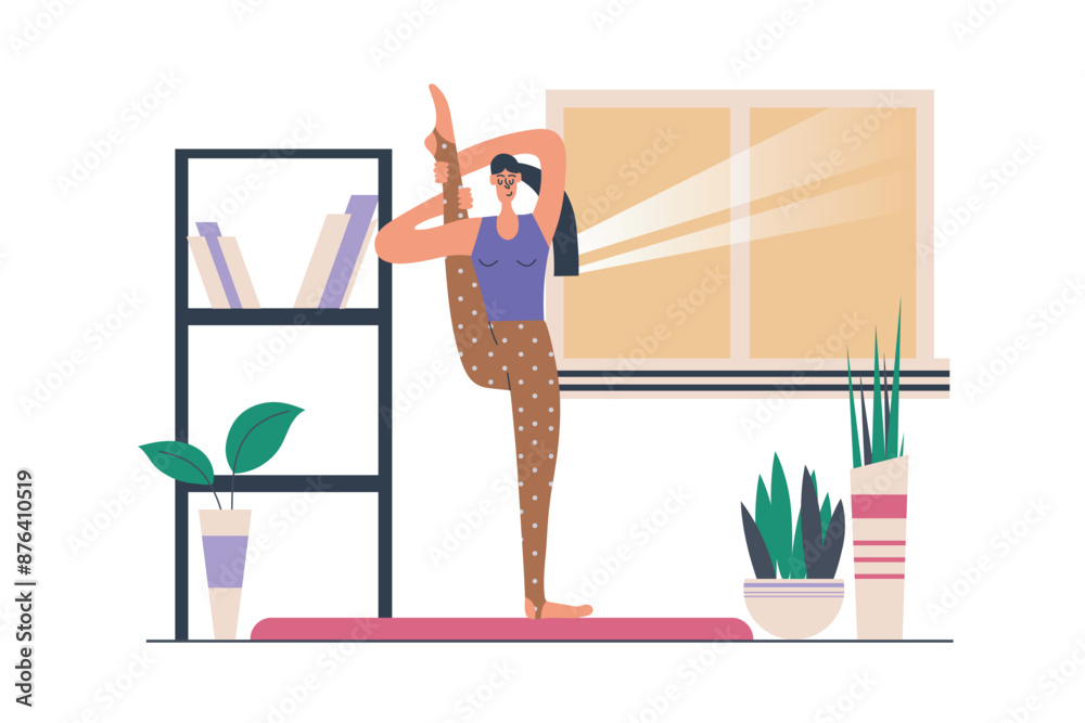 Poster yoga practice web concept with people scene in flat design. flexibility woman standing in training p