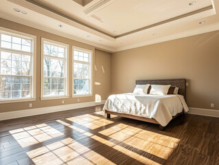 Obraz premium A large bedroom with a white bed and a wooden floor. The room is very bright and spacious, with a lot of natural light coming in through the windows. The walls are painted in a light color