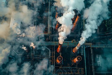 Obraz premium Chemical plant pipes view industrial pollution from thermal power plant with ai generation
