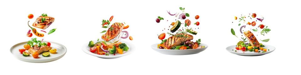 Set of floated Grilled salmon on fresh vegetables falling into a plate isolated on transparent background
