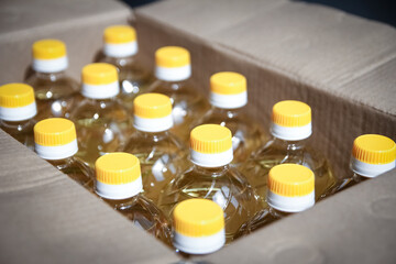 many bottles of sunflower oil background