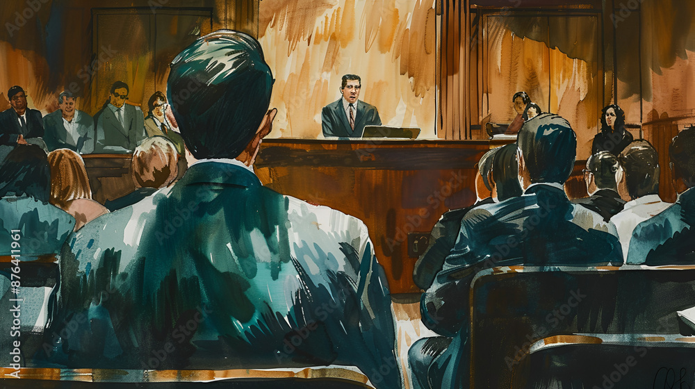 Wall mural Cartoon Style Painting of the Court Room Lawyer Speaking in a Court Room Aspect 16:9