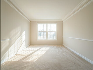 Obraz premium A large, empty room with a white wall and a window. The room is bare and uncluttered, with no furniture or decorations