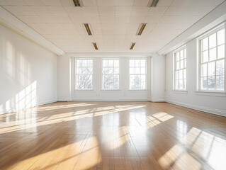 Obraz premium A large, empty room with wooden floors and white walls. The room is very bright and spacious, with large windows letting in plenty of natural light