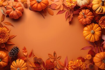 Fototapeta premium Autumn harvest frame with pumpkins and dry leaves on orange background with copy space. Thanksgiving day concept
