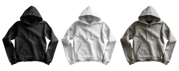 White, black, heather hoodie template, folded, isolated on background, for design, print, pattern, branding, front view, set
