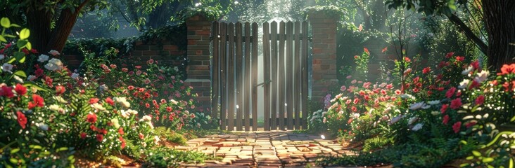 Obraz premium A Sunlit Brick Path Leading to a Wooden Gate in a Lush Garden