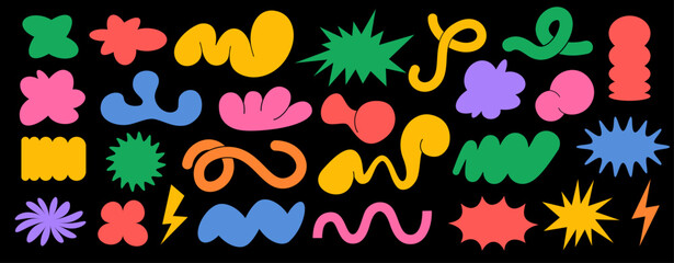 Abstract futuristic geometric shapes, frame, textbox in trendy retro Groovy, Y2K style, Vintage. Colored isolated on black background label sticker elements. Flat Vector Illustration EPS10