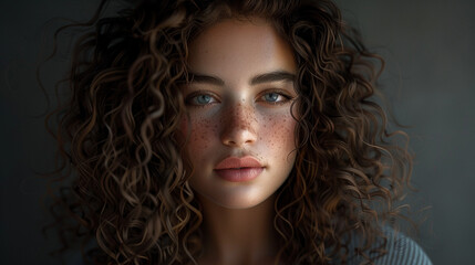 Fototapeta premium : A youthful lady with wavy hair is depicted realistically in this machine learning algorithm-generated picture