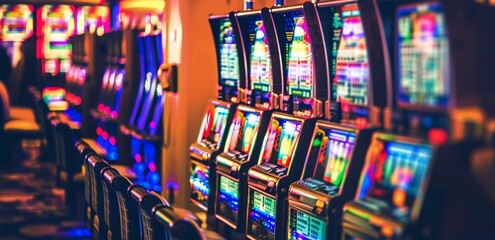Rows of Colorful Slot Machines in a Neon Lit Casino