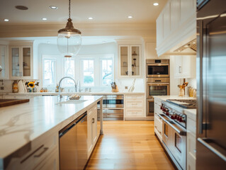 Fototapeta premium A large kitchen with a white island and stainless steel appliances. The kitchen is well-lit and has a modern, clean look