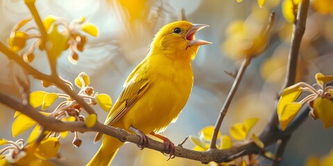 Obraz premium The Beautiful Song of the Yellow Canary in the Wild A Symbol of Nature's Beauty among Finch Species. Concept Nature's Beauty, Yellow Canary, Finch Species, Wildlife, Melodic Song